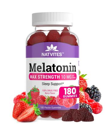Natvites Melatonin Gummies Max Strength 10mg Pectin Gummies, Helps with Sleep Support, Berry Flavor Gummy, 100% Drug Free, 180 Count (Pack of 1)