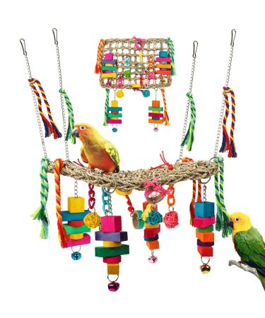 Bird Swing Toys, Bird Foraging Wall Toy, Seagrass Woven Hammock Swing Mat with Colorful Ropes Wooden Chew Toys for Lovebirds, Parakeets, Conures, Cockatiels