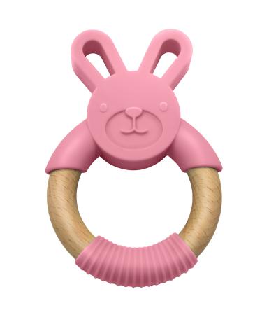 LittleFoot Nation Organic & Natural Bunny Rabbit Baby Teether Ring  100% BPA Free Pure Food Grade Silicone & Beech Wood  Teething Pain Relief Toy for Toddlers & Infants (Pink)