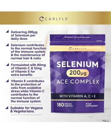 Selenium ACE 200mcg | with Vitamin A C and E | 180 Vegan Tablets | High Strength Selenium Supplement | Essential Trace Mineral | Carlyle - Buy Online on GoSupps.com