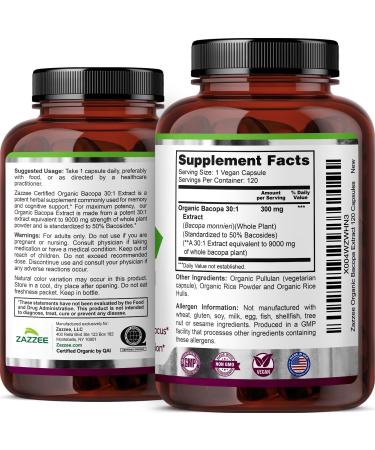 Zazzee USDA Organic Bacopa 30:1 Extract 9000 mg Strength Standardized to 50% Bacosides 120 Vegan Capsules 30X Potency Cognitive and Memory Support Non-GMO All-Natural Made in The USA - Buy Online on GoSupps.com
