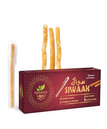 HikmaHerb Pack of 3 Miswak Sticks with Holder - Vacuum Sealed Natural Chewing Sticks for Teeth - Natural Flavored Toothbrush for Teeth Whitening Oral Health and Fresh Breath || Pack of 3