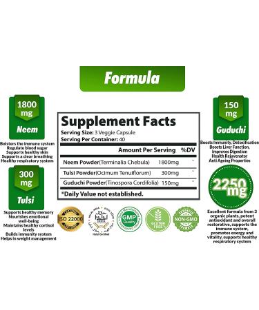 Neem Leaves Powder Capsules 2250mg with Tulsi Guduchi | Immune & Liver Support | Non-GMO Vegan | Skin Health & Antioxidants - Buy Online on GoSupps.com