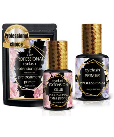 Extra Strong Eyelash Extension Glue 5 ml and Primer 15 ml Set - 1 Sec Dry - Up to 8 Weeks - Latex Free & Waterproof - Black Professional Lash Adhesive - Eyelash Extensions Supplies - by le vent - Buy Online on GoSupps.com