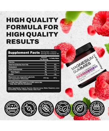 Magnesium Gummies - 410mg of Elemental Magnesium Glycinate & L-Threonate Supplement Complex - Vegan Magnesium Glycinate Gummies for Calm Mood Muscle & Heart Support - Chewable Magnesium Gummy 60 pcs - Buy Online on GoSupps.com