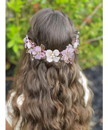 IYOU Flower Girl Headpiece Purple Pearl Princess Headband for Wedding Leaf Floral Crystals Frist Communion Hair Accessories Prom Birthday for Girls (Gold) - Buy Online on GoSupps.com