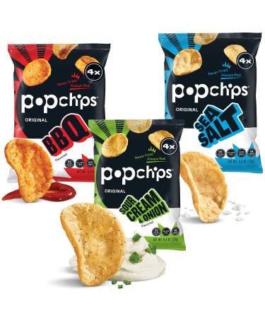 Popchips Potato Chips Variety Pack, Sea Salt, BBQ, Sour Cream & Onion, 12ct Single Serve 0.8oz Bags, Gluten Free, Healthy Snacks for Adults and Children, Non-GMO & Kosher, 100 Calories Per Bag