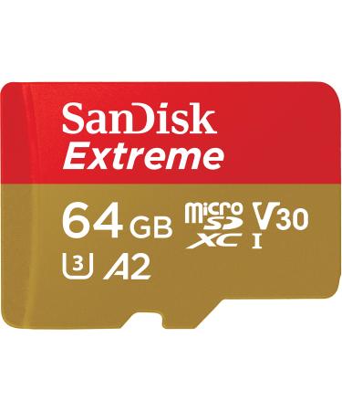 SanDisk 64GB Extreme microSDXC UHS-I Memory Card with Adapter - Up to 160MB/s, C10, U3, V30, 4K, A2, Micro SD - SDSQXA2-064G-GN6MA Card Only 64GB