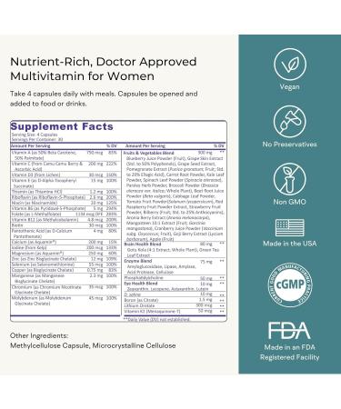 Multivitamin for Women (120 Vegetarian Capsules) Whole Food Vitamin with Essential Nutrients Natural Calcium Magnesium Selenium Zinc Biotin Vitamin A B6 C D3 E K and More Women Multivitamins - Buy Online on GoSupps.com