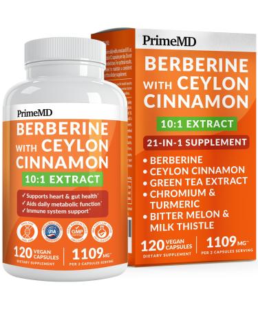 21-in-1 Berberine Supplement with Ceylon Cinnamon with Chromium, Bitter Melon and Green Tea Extract and Black Pepper Extract 5X for Energy & Metabolism Support with 5279 mg (120 ct, Pack of 1) 120 Count (Pack of 1)