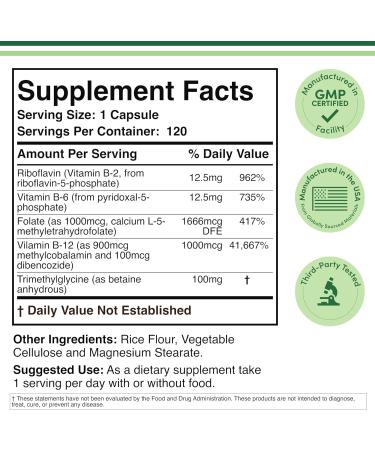 Methylated Multivitamin (Methylated and Activated Vitamins Only - Methylated B Complex with Trimethylglycine (TMG) and Methylfolate)(Non-GMO Gluten Free MTHFR Supplement) 120 Capsules by Double Wood - Buy Online on GoSupps.com