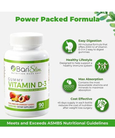 BariSlim Bariatric Vitamin D-3 Gummies - Easy-to-Digest Fruit Flavors | 90 Chews - Buy Online on GoSupps.com