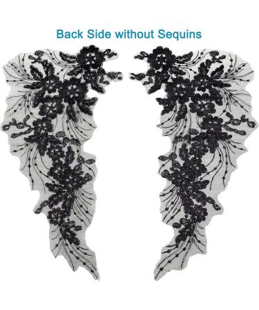 Floral Embroidery Sequin Lace Appliques Trim - 1 Pair (Black) for Wedding Bridal Dress DIY - Buy Online on GoSupps.com