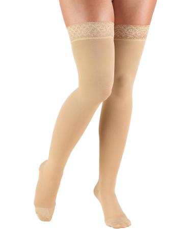 Truform 20-30 mmHg Compression Stockings for Women - Lace Trim Thigh High Closed Toe Beige Large (1 Pair) - International Shipping Available - Buy Online on GoSupps.com