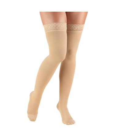Truform 20-30 mmHg Compression Stockings for Women Lace Trim Band Thigh High Length Closed Toe Beige Large Beige Large (1 Pair)