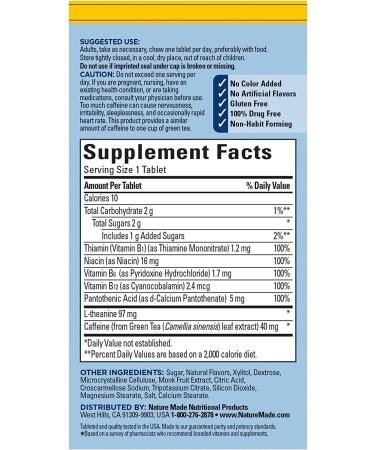 Nature Made Clear & Focus Chewable Tablets - L-Theanine, Low-Dose Green Tea Caffeine, B Vitamins for Energy Support - Lemon Mint, 30 Count - Buy Online on GoSupps.com