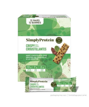 Simply Protein - Mint Chocolate Crispy Bars - Plant Based Protein Bars - Low Carb Low Sugar High Fibre - 13g Protein 2g Sugar 7g Fibre - Vegan Gluten Free Non GMO Kosher - 12 Bars Mint Chocolate Chip 12 Count (Pack of 1)