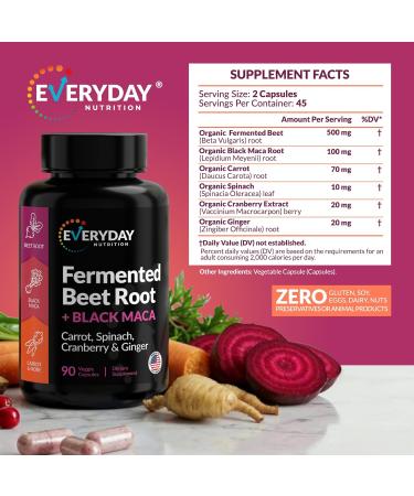 EVERYDAY NUTRITION Organic Fermented Beet Root Black Maca Carrot Spinach Cranberry Ginger |Enhanced Overall Health for Women & Men | Made in USA | 90 Veggie Capsules - Buy Online on GoSupps.com