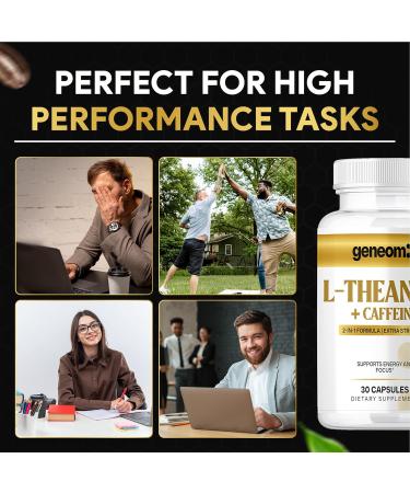 Geneomx L-Theanine + Caffeine Supplement - Extra Strength 2-in-1 Formula for Mental Clarity Energy and Focus with Natural Green Coffee Bean Extract Supports Calm & Alertness | 30 Vegetarian Capsules - Buy Online on GoSupps.com