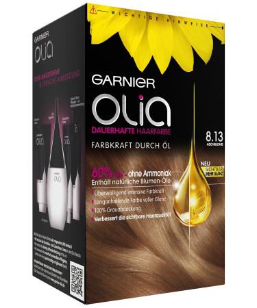 Garnier Olia Hair Coloration Ashblond 8.13 / Coloring for hair contains 60% flower oils for 8 weeks of intensive color power - without ammonia - 3 x 1 piece of Ash blonde 3 pieces (1 Pack)