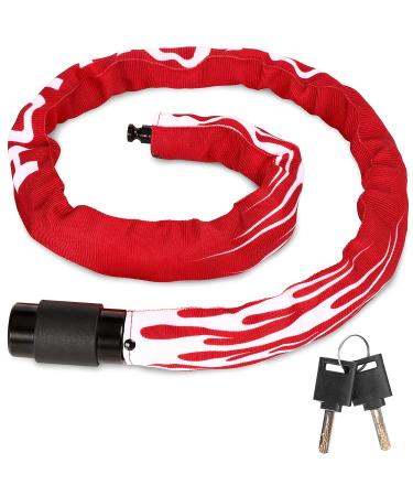 Bicycle lock high safety with key 100cm length E bike lock bike lock motorcycle chain lock 360 rotatable castle head lock for e scooter/e scooter/ebike/children bike flame - red