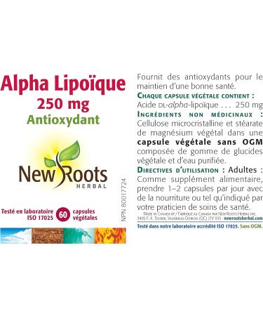 New Roots Herbal - Alpha Lipoic - 250 mg - 60 capsules - Antioxidant 60 count (Pack of 1) - Buy Online on GoSupps.com
