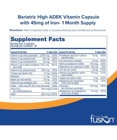 Bariatric Fusion High ADEK Multivitamin Capsule 90ct - Iron 45mg | For Duodenal Switch Surgery | Easy to Swallow | Unflavored - Buy Online on GoSupps.com