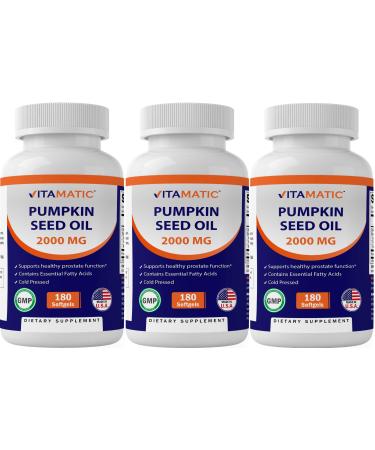 3 Pack - Vitamatic Pumpkin Seed Oil 2000mg Softgel Capsules per Serving - Total 540 Softgels - 1000mg per softgel
