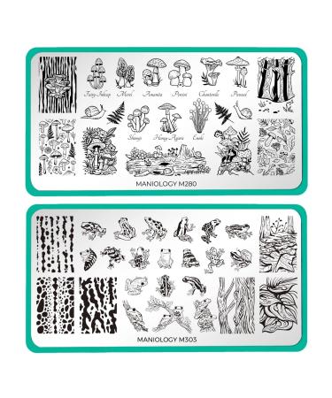 Maniology Forest Wonders Nail Stamping Plate Set Mushrooms Frogs Manicure Rainforest Woods Animal Nail Art (Magic Mushrooms (M280) Hop To It (M303))