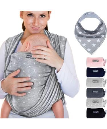 Makimaja - 100% Cotton Baby Wrap Carrier - Light Grey with Stars - Shoulder Strap for Newborns and Babies Up to 15 Kg - Includes Storage Bag and Bib