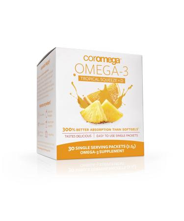 Coromega Omega-3 Squeeze + Vit D Tropical Orange 30 Single Serving Packets 2.5 g Each