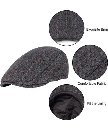 2 Pack Men's Herringbone Tweed Wool Blend Newsboy Hats - Classic Flat Cap Ivy Cabbie Driving Hat (Black/Grey) - Buy Online on GoSupps.com
