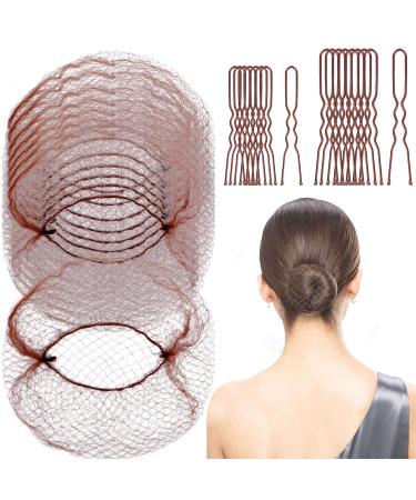 60Pcs 20Inch Hair Nets for Buns Invisible Bun Hair Net Elastic Edge Mesh and 60Pcs 2.4 & 2Inches U Shaped Hair Pins for Women  Girls  Ballet Dancer Nurse  Hairnets for Work Foodservice Cook (Brown)