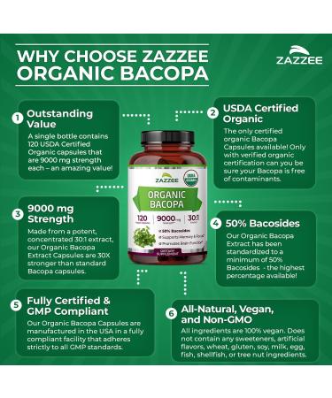 Zazzee USDA Organic Bacopa 30:1 Extract 9000 mg Strength Standardized to 50% Bacosides 120 Vegan Capsules 30X Potency Cognitive and Memory Support Non-GMO All-Natural Made in The USA - Buy Online on GoSupps.com