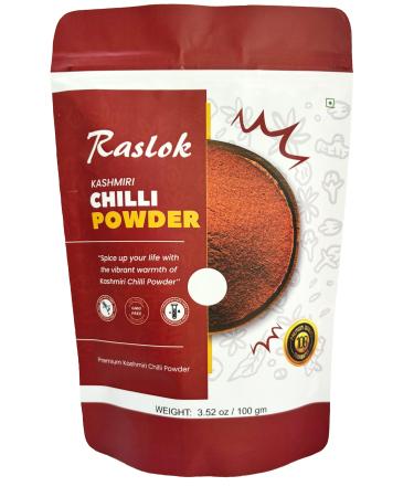 Raslok 100% Pure Kashmiri Chilli Powder 100gm - 3.5OZ (Deggi Mirch Low Heat) | Ground Indian Spices| Indian Origin || Traditional & all natural Indian Spice blend ||