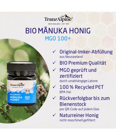 Manuka Honing MGO 100+ BIO 250 g TRANZALPINE - Buy Online on GoSupps.com