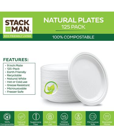 125-Pack 9-Inch Compostable Heavy-Duty Plates | Eco-Friendly Bagasse Plate | Biodegradable Paper Plates by Stack Man - Buy Online on GoSupps.com