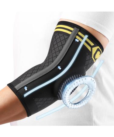 Cambivo 2x elbow bandage men women tennis arm bandage with gel pads and side stabilizers bandage elbows for pain relief for tennis arm golf arm tendonal infections XL black and yellow