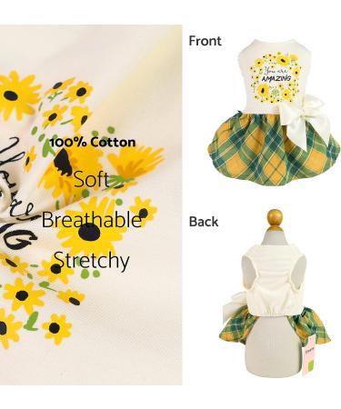 Fitwarm Amazing Floral Dog Dress for Small Dogs - Daisy Sleeveless Puppy Sundress in Green Yellow Plaid - Summer Cat Apparel - 100% Cotton - Buy Online on GoSupps.com