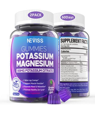 Potassium Magnesium Gummies Sugar-Free Potassium Citrate 99mg Supplements with Magnesium Glycinate Ashwagandha B6 & B12 for Leg & Muscle Relaxation Mood Energy Heart Health Grape Flavor 120 Cts
