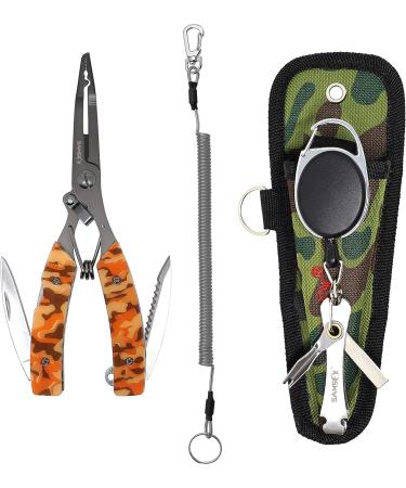 SAMSFX Locking Fishing Pliers - Saltwater Resistant Teflon Coated Braid Line Cutters | with Wire Coiled Lanyard, Sheath & Quick Knot Tool | Orange Camouflage - Buy Online on GoSupps.com