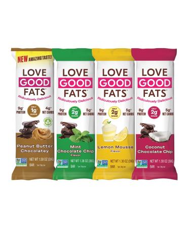 Love Good Fats Keto Protein Snack Bars - Chocolate Lovers Variety Pack - 13g Good Fats, 8-10g Protein, 5g Net Carbs, 1-2g Sugar, Gluten-Free, Non GMO - Peanut Butter, Mint, Lemon Mousse, Coconut - 4 Flavors, 12 Pack
