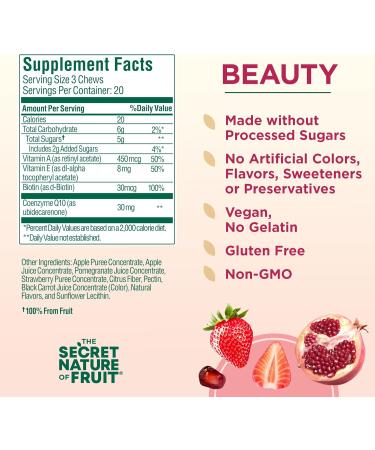 Secret Nature Fruit Beauty Chews - Vitamins A & E Biotin CoQ10 for Healthy Hair Skin & Nails - Gummy Strawberry & Pomegranate (60 Count - Buy Online on GoSupps.com