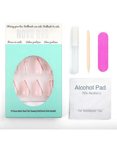 Novo Ovo Short Oval Almond Pink French Tip Press-On Nails - Glitter White Heart Artificial Fingernails with Glue | Shop Internationally! - Buy Online on GoSupps.com