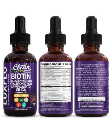 Liquid Biotin & Collagen Keratin Hyaluronic Acid Saw Palmetto Drops Vitamins for Hair Growth Support Silica Vitamin A C D Bamboo Turmeric Zinc Folate Magnesium Horsetail LuxFlo by Clean Nutra 1 - Buy Online on GoSupps.com