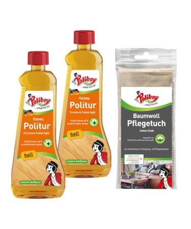 Poliboy Fix -Neu Politur Hell - Furniture polish for bright lacquered wood - color -refreshing wood polish - 2x 500ml - with cotton cloth - Made in Germany 500 ml (2 -pack) light