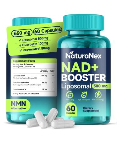 NaturaNex NAD+ Supplement 650mg (60 Capsules) Liposomal NAD+ with Resveratrol & Quercetin Third-Party Tested NMN Supplement Alternative