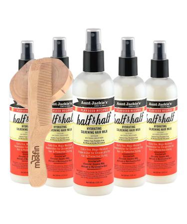 Aunt Jackie'S Flaxseed Recipes Half & Half Hydrating Silkening Hair Milk Enriched With Coconut & Jojoba Oil Hair Moisturizer For All Hair Types Bundle With Wooden Comb - Packs Of 5
