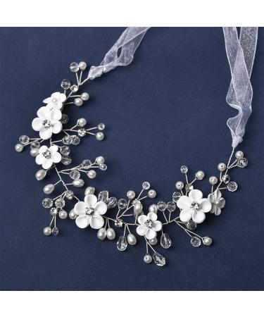 Bridal Hair Accessories Flower Wedding Hair Vine Rhinestone Crystal Headpiece With Detachable Ribbon Bridal Pearl Hair Style Accessories For Bridesmaid Women Lady Prom Party