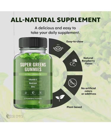 Dr. Emy's Super Greens Gummies - 8 Powerful Blends for Digestion & Immune Support - Vegan Raspberry Flavor - 60 ct - Buy Online on GoSupps.com